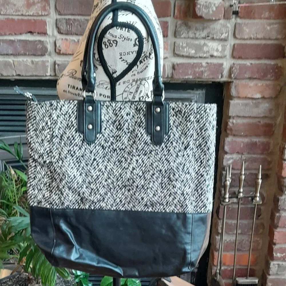 Black and White Wool Herringbone Tote